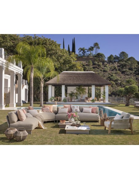 Sofá modular para exterior esquina cuerda y madera de teca blanqueada Sofá modular para exterior esquina cuerda y madera de teca blanqueada