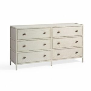 Cómoda alta de roble blanco grisáceo 6 cajones tirador metal