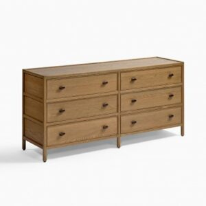Cómoda de roble natural patinado gris con 6 cajones, altura 75