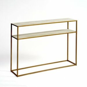 Consola de madera de roble en acabado blanco grisáceo con estructura metálica en dorado.