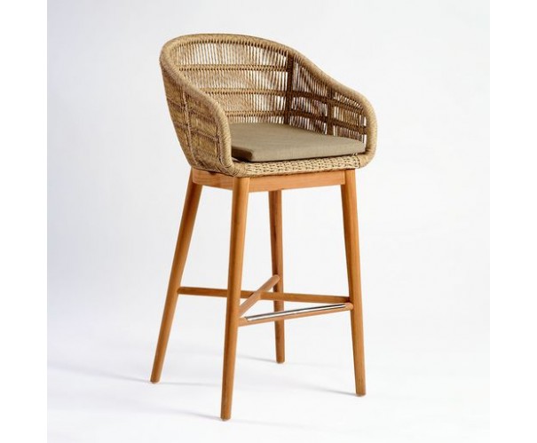 Taburete de cuerda sintética beige y teca Taburete de cuerda sintética beige y teca