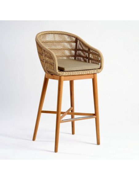 Taburete de cuerda sintética beige y teca Taburete de cuerda sintética beige y teca