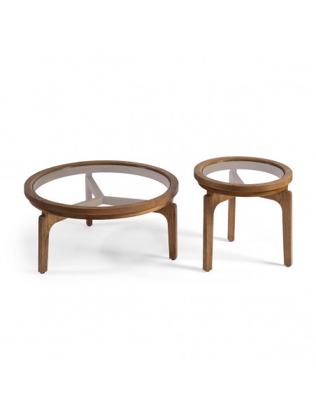 Mesa de centro redonda madera roble natural y cristal – 80 Mesa de centro redonda madera roble natural y cristal – 80