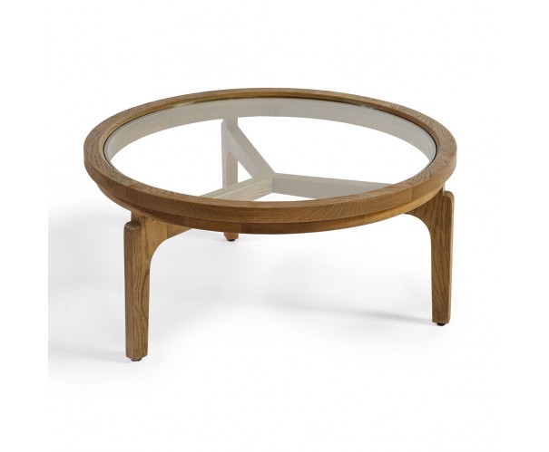 Mesa de centro redonda madera roble natural y cristal – 80 Mesa de centro redonda madera roble natural y cristal – 80