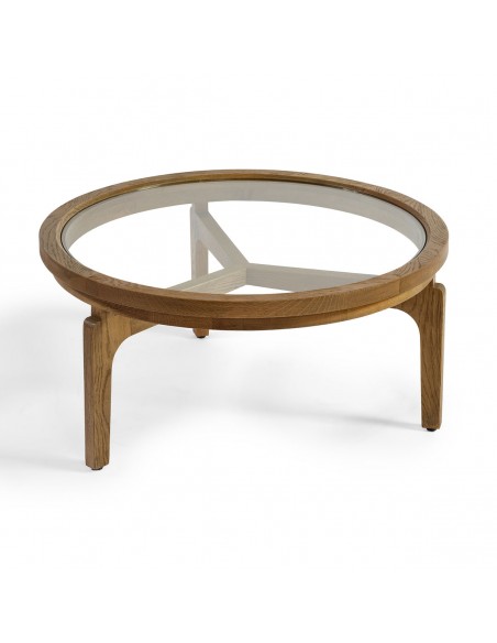 Mesa de centro redonda madera roble natural y cristal – 80 Mesa de centro redonda madera roble natural y cristal – 80