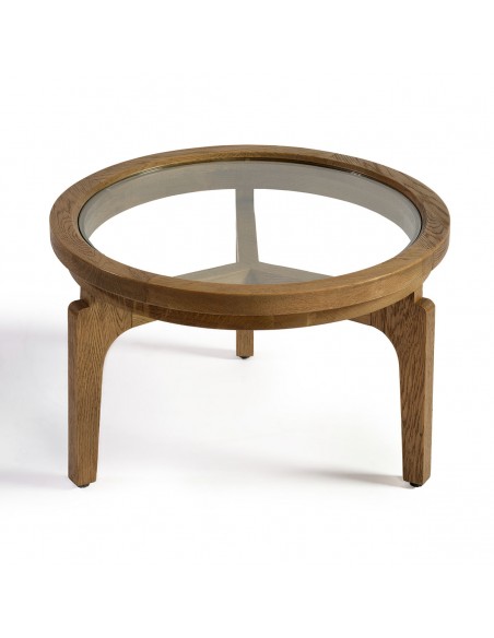 Mesa de centro redonda madera roble natural y cristal – 60 Mesa de centro redonda madera roble natural y cristal – 60