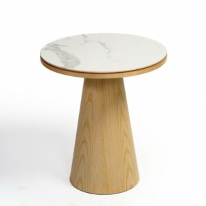 Mesa redonda con sobre cerámico y base de fresno