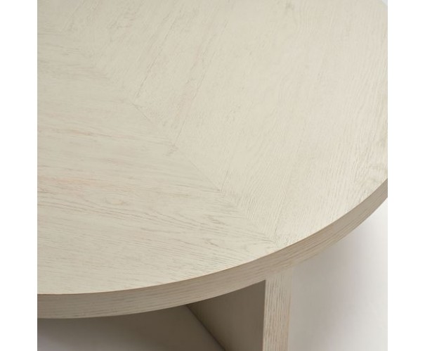 Mesa redonda de madera de roble en blanco grisáceo. Mesa redonda de madera de roble en blanco grisáceo.