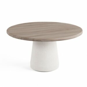 Mesa de comedor de madera de teca grisácea y base en efecto cemento blanco. Mesa de comedor de madera de teca grisácea y base en efecto cemento blanco.