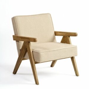 Sillón tapizado de lino beige y roble natural