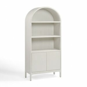Vitrina de roble blanco grisáceo con puertas y parte superior redondeada