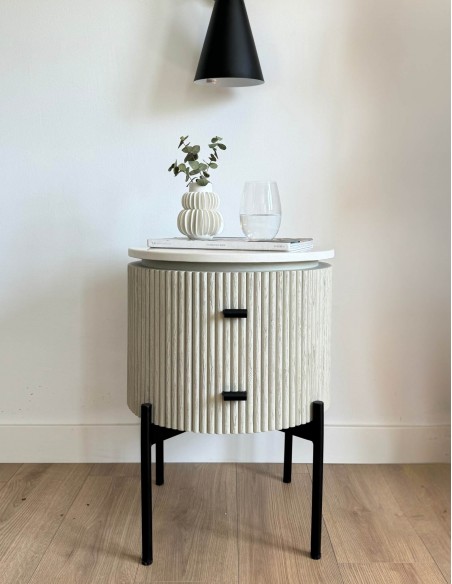 Mesita de noche redonda madera blanca grisácea y metal negro Mesita de noche redonda madera blanca grisácea y metal negro - Imagen 3