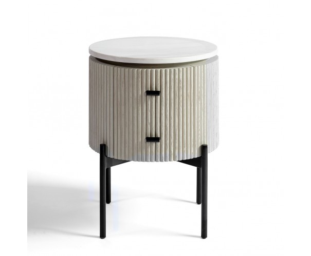 Mesita de noche redonda madera blanca grisácea y metal negro Mesita de noche redonda madera blanca grisácea y metal negro - Imagen 4