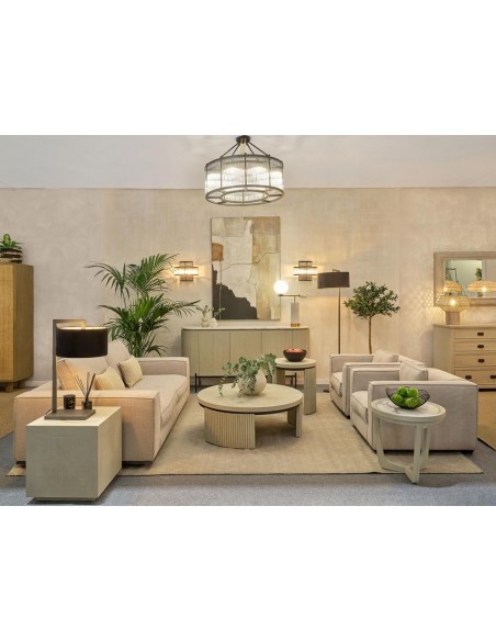 Aparador de madera efecto listones, pata metal y sobre de piedra Aparador de madera efecto listones, pata metal y sobre de piedra