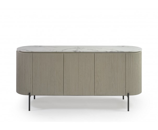 Aparador de madera efecto listones, pata metal y sobre de piedra Aparador de madera efecto listones, pata metal y sobre de piedra