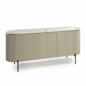 Aparador de madera efecto listones, pata metal y sobre de piedra Aparador de madera efecto listones, pata metal y sobre de piedra