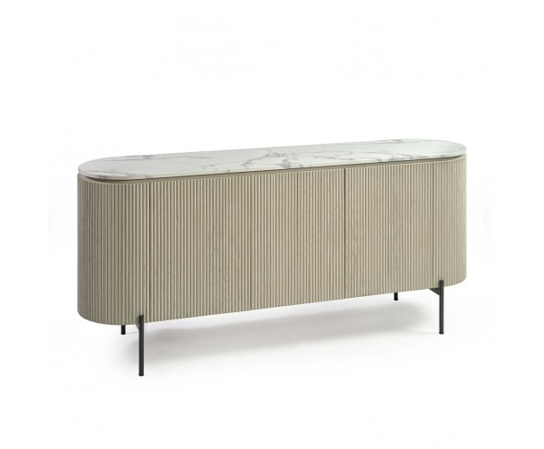 Aparador de madera efecto listones, pata metal y sobre de piedra Aparador de madera efecto listones, pata metal y sobre de piedra