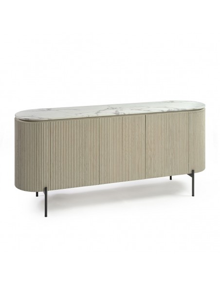 Aparador de madera efecto listones, pata metal y sobre de piedra Aparador de madera efecto listones, pata metal y sobre de piedra