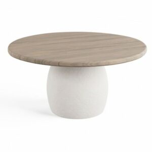 Mesa de comedor de madera de teca grisácea y base en efecto cemento blanco.