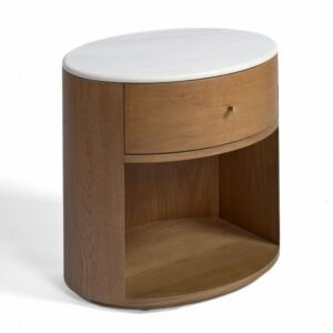 Mesita de noche ovalada, roble natural y piedra