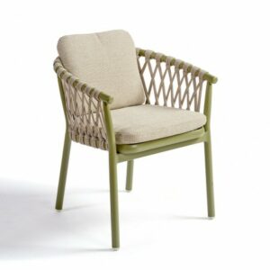 Sillón de comedor verde, cuerda y tapizado grisáceo