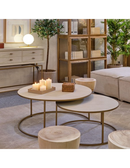 Set mesas de centro blanco grisáceo y metal dorado Set mesas de centro blanco grisáceo y metal dorado