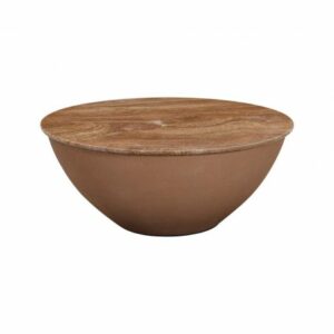 Mesa de centro redonda de microcemento y mármol anaranjado.