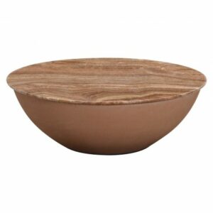 Mesa de centro redonda de microcemento y mármol anaranjado.