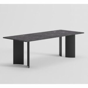 Mesa de comedor de piedra y metal negro mate.