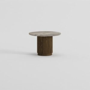 Mesa auxiliar de palillería y travertino.