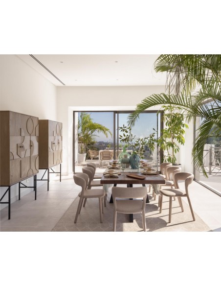 Mesa de comedor de roble con pie central de metal Mesa de comedor de roble con pie central de metal