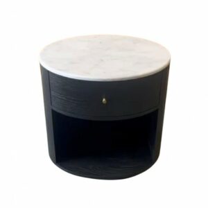 Mesita de noche ovalada, roble negro y piedra. Mesita de noche ovalada, roble negro y piedra.