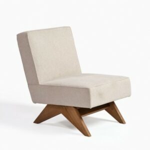 Sillón tapizado sin brazos beige piedra y acabado madera natural