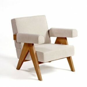 Sillón tapizado beige piedra pata madera natural Sillón tapizado beige piedra pata madera natural