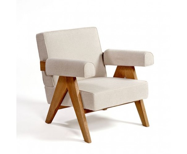 Sillón tapizado beige piedra pata madera natural Sillón tapizado beige piedra pata madera natural