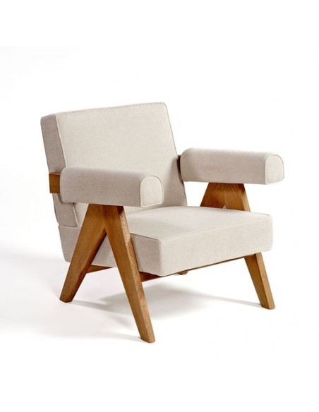 Sillón tapizado beige piedra pata madera natural Sillón tapizado beige piedra pata madera natural