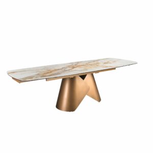 Mesa comedor extensible ovalada barril mármol porcelánico y acero color bronce Mesa comedor extensible ovalada barril mármol porcelánico y acero color bronce