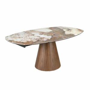 Mesa comedor extensible ovalada barril mármol porcelánico y nogal