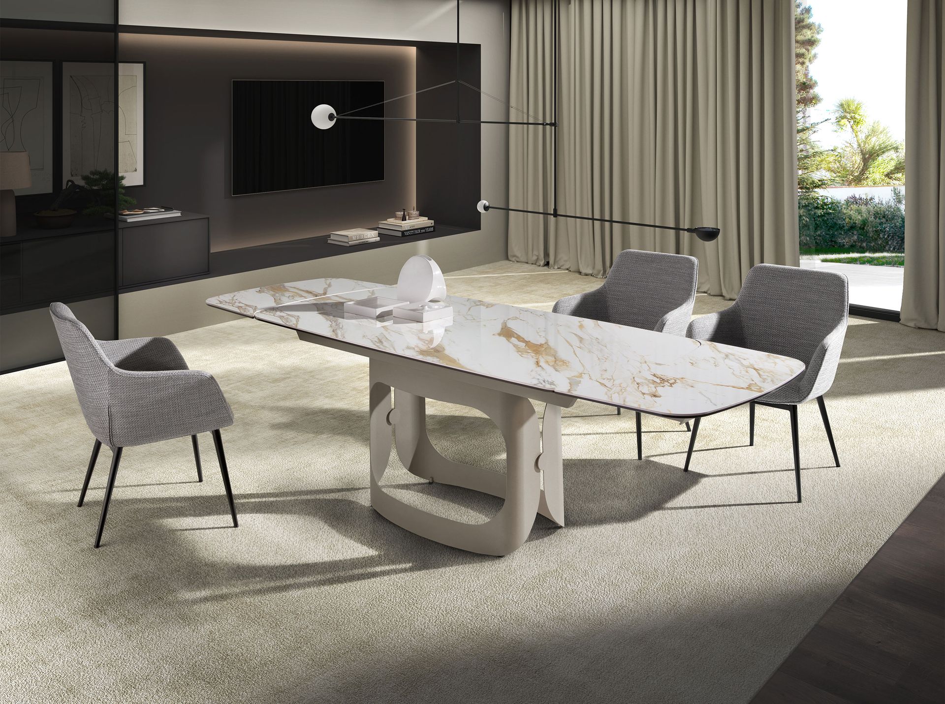 Mesa comedor extensible ovalada barril mármol porcelánico y acero arena metalizado Mesa comedor extensible ovalada barril mármol porcelánico y acero arena metalizado - Imagen 3