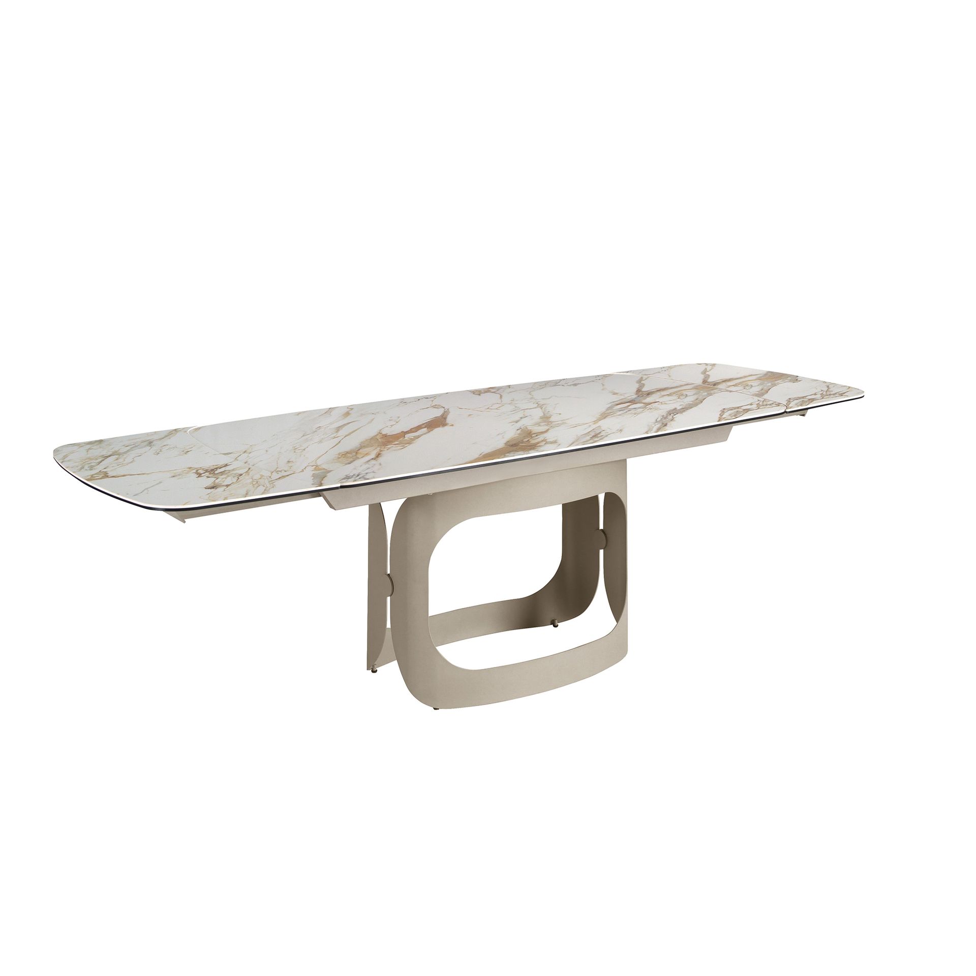 Mesa comedor extensible ovalada barril mármol porcelánico y acero arena metalizado Mesa comedor extensible ovalada barril mármol porcelánico y acero arena metalizado