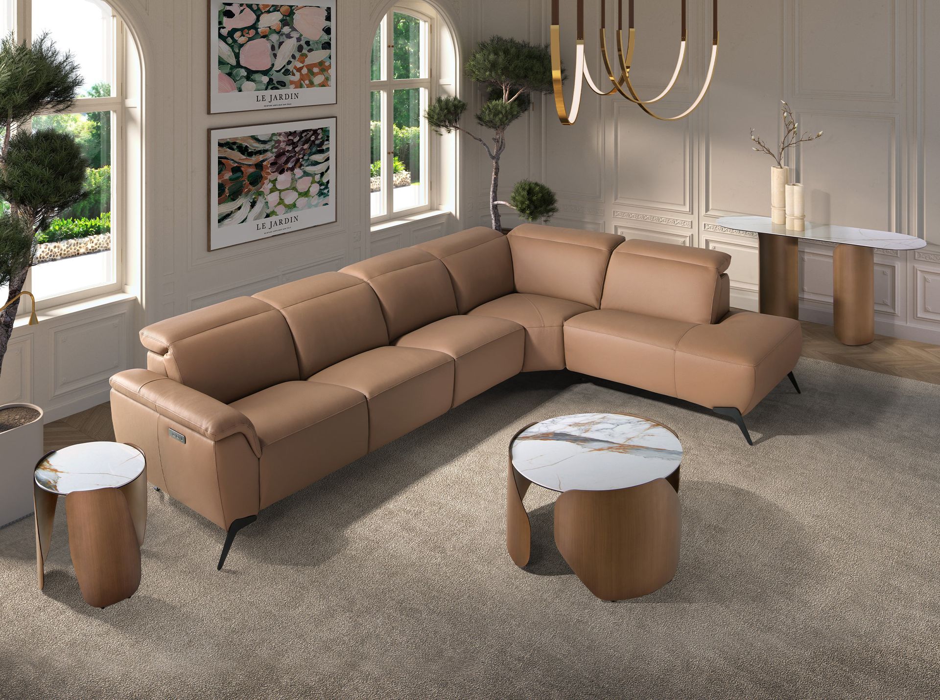 Mesa rincón redonda mármol porcelánico y acero color bronce Mesa rincón redonda mármol porcelánico y acero color bronce - Imagen 4