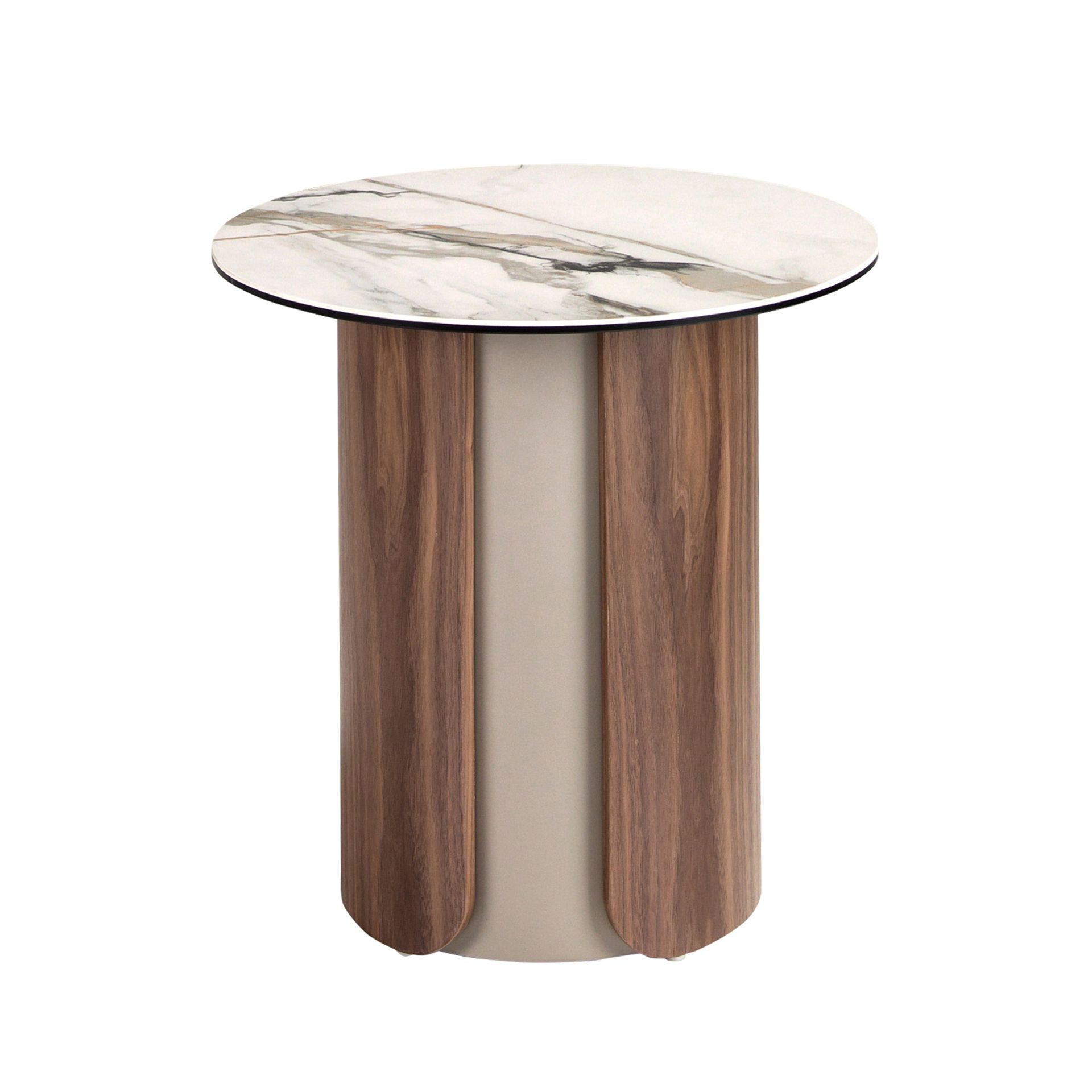 Mesa rincón redonda mármol porcelánico, acero arena metalizado y nogal Mesa rincón redonda mármol porcelánico, acero arena metalizado y nogal - Imagen 2