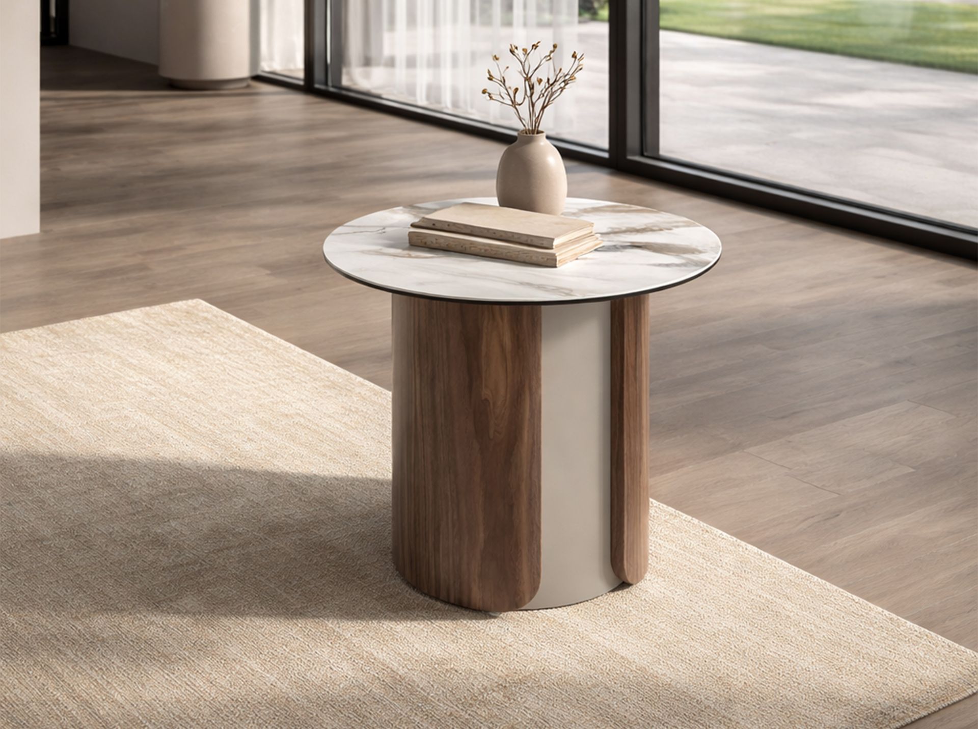 Mesa rincón redonda mármol porcelánico, acero arena metalizado y nogal Mesa rincón redonda mármol porcelánico, acero arena metalizado y nogal - Imagen 3