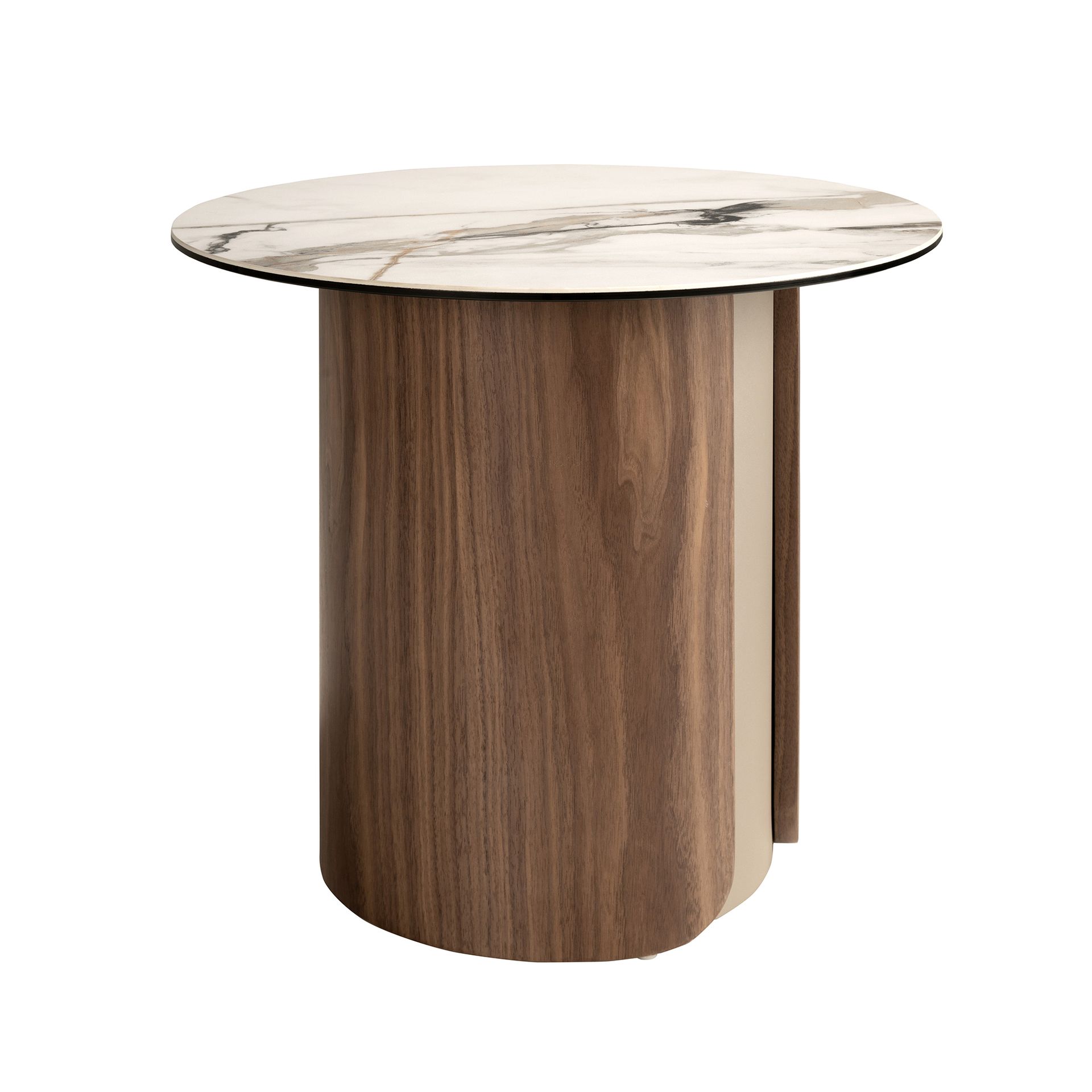 Mesa rincón redonda mármol porcelánico, acero arena metalizado y nogal Mesa rincón redonda mármol porcelánico, acero arena metalizado y nogal - Imagen 5