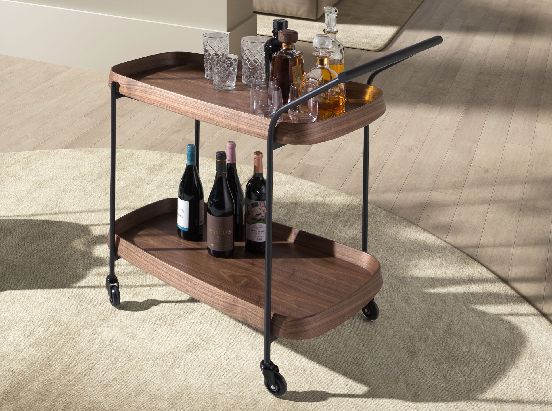 Carrito minibar nogal y acero negro Carrito minibar nogal y acero negro - Imagen 3
