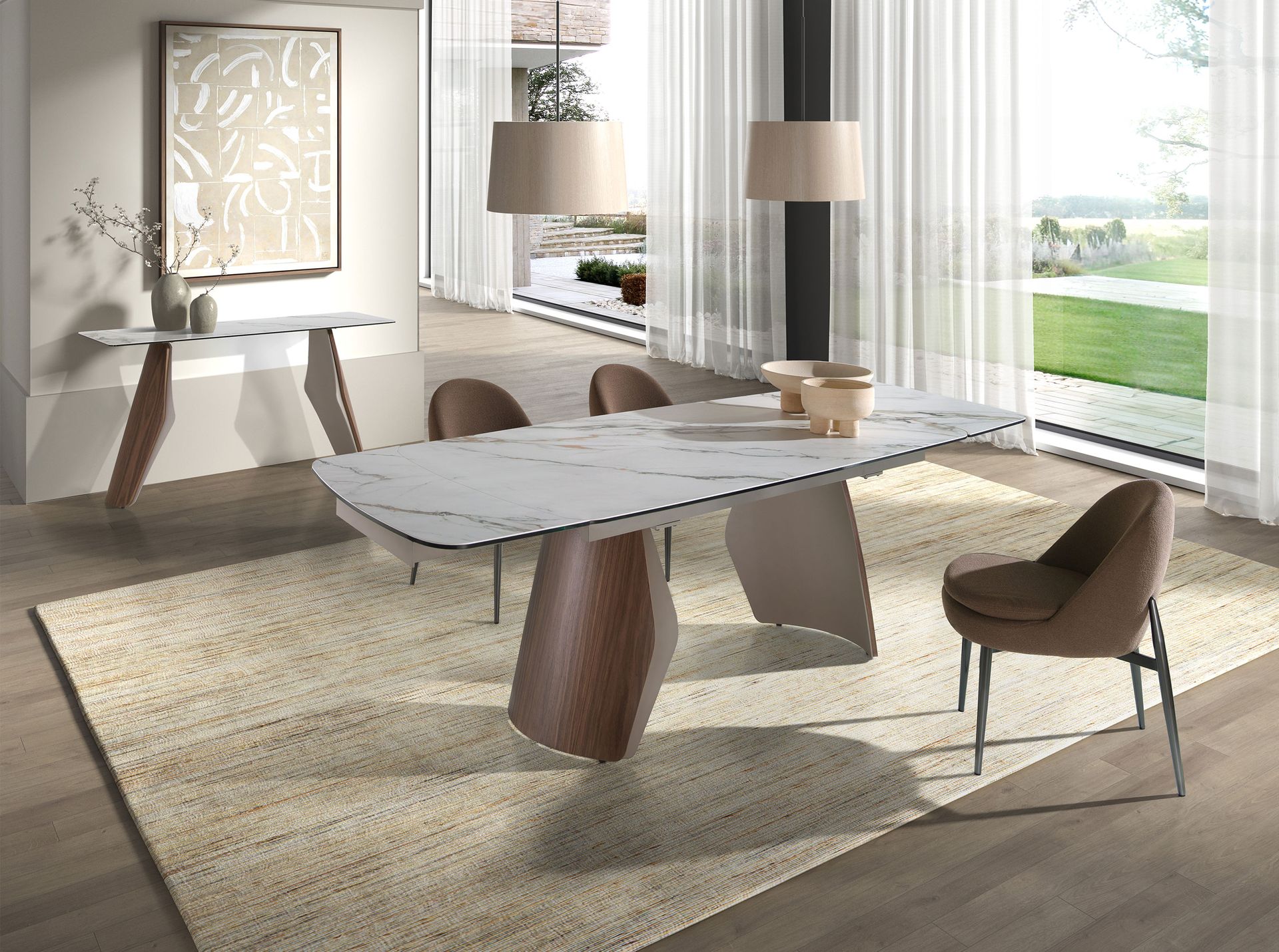 Consola rectangular mármol porcelánico, acero arena metalizado y nogal Consola rectangular mármol porcelánico, acero arena metalizado y nogal - Imagen 5