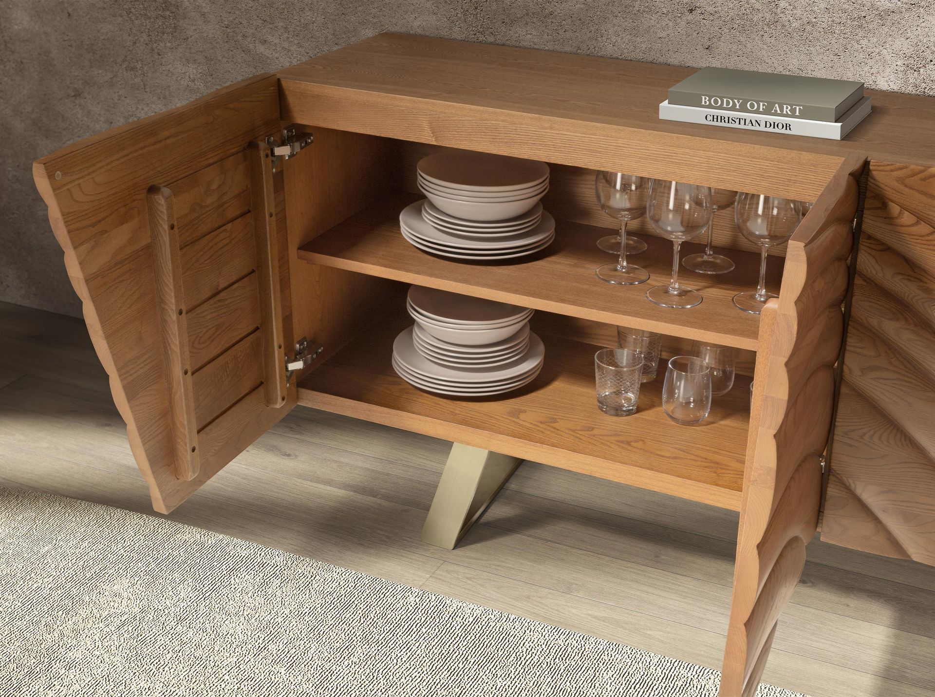 Aparador nogal claro y acero pulido dorado Aparador nogal claro y acero pulido dorado - Imagen 7