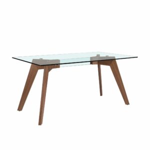 Mesa comedor rectangular cristal templado y nogal