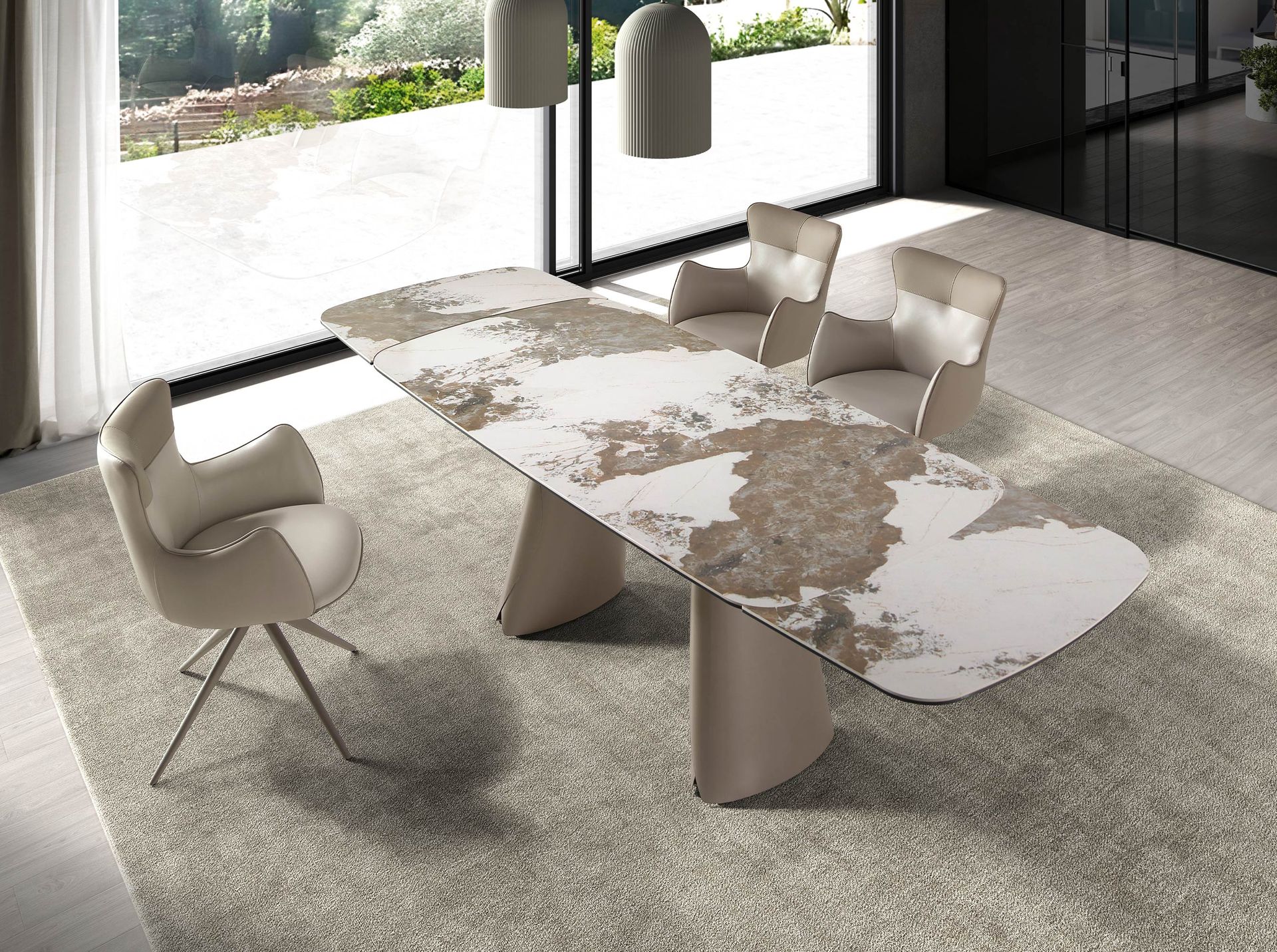 Mesa comedor extensible ovalada barril mármol porcelánico y acero taupé metalizado Mesa comedor extensible ovalada barril mármol porcelánico y acero taupé metalizado - Imagen 3