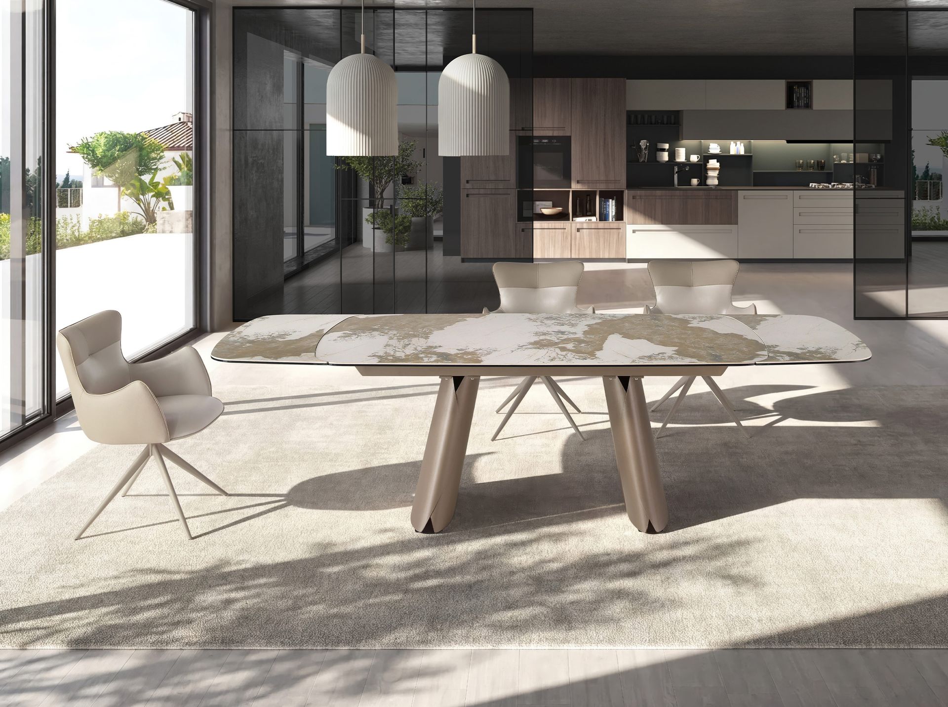Mesa comedor extensible ovalada barril mármol porcelánico y acero taupé metalizado Mesa comedor extensible ovalada barril mármol porcelánico y acero taupé metalizado - Imagen 4